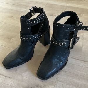 Black Studded Zara Heeled Cutout Boots with Buckles and Croc Texture